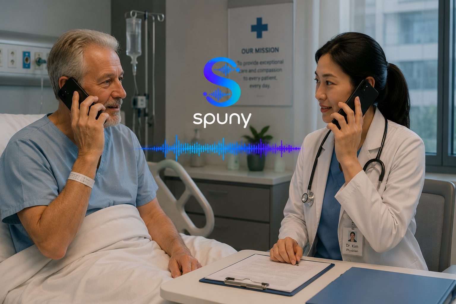 Patient talking to hospital staff